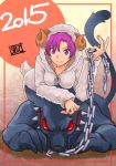  1girl 2015 animal_costume animalization avenger bazett_fraga_mcremitz chain dog fate/hollow_ataraxia fate_(series) horns leash mgk968 purple_hair sheep_costume sheep_hood sheep_horns short_hair violet_eyes 