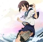  1girl black_hair fubuki_(kantai_collection) kantai_collection kisetsu open_mouth pleated_skirt ponytail school_uniform serafuku short_hair short_sleeves skirt smile solo yellow_eyes 