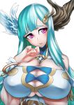  1girl aqua_hair asymmetrical_horns bangs bare_shoulders blunt_bangs bracelet breast_hold breasts bursting_breasts bust cation cleavage cleavage_cutout clenched_hand hair_ornament hand_on_own_chest head_tilt horns huge_breasts jewelry long_hair looking_away open_mouth parted_bangs paulina_(p&amp;d) puzzle_&amp;_dragons raised_eyebrows simple_background skindentation solo very_long_hair violet_eyes white_background wrist_cuffs 