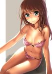  1girl blue_eyes blush bra breasts brown_hair frills katahira_masashi long_hair looking_at_viewer navel original panties pink_bra pink_panties sitting smile solo strapless_bra underwear underwear_only 