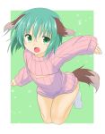  1girl animal_ears blush breasts cleavage_cutout green_eyes green_hair kasodani_kyouko kazawa_(tonzura-d) open-chest_sweater open_mouth ribbed_sweater short_hair simple_background smile solo sweater tail touhou turtleneck 