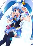  1girl absurdres black_legwear blue_eyes blue_hair blue_skirt brooch crown cure_princess earrings happinesscharge_precure! highres jewelry long_hair magical_girl mini_crown payot precure sharumon shirayuki_hime skirt smile solo thigh-highs twintails white_background wrist_cuffs 