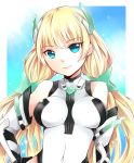  1girl angela_balzac aqua_eyes blonde_hair breasts expelled_from_paradise hand_on_hip long_hair looking_at_viewer richard smile solo twintails 