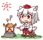  1girl animal_ears boned_meat chibi detached_sleeves drooling feiton food hat inubashiri_momiji meat red_eyes roasting short_hair sitting smile solo tail tokin_hat touhou tree_stump white_hair wolf_ears wolf_tail 