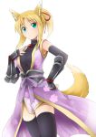  1girl animal_ears black_legwear blonde_hair breasts dog_days fox_ears fox_tail green_eyes hand_on_hip hand_on_own_chest japanese_clothes jewelry large_breasts long_hair looking_at_viewer ponytail render simple_background solo tail transparent_background yukikaze_panettone 