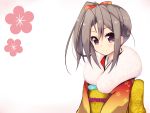  1girl alternate_costume alternate_hairstyle amano_kouki c: floral_background gradient gradient_background grey_eyes highres japanese_clothes kantai_collection kimono looking_at_viewer side_ponytail silver_hair simple_background smile solo zuihou_(kantai_collection) 