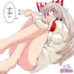  1girl aono3 armband bow collared_shirt crossed_legs fujiwara_no_mokou grey_hair grin hair_bow knees_to_chest knees_together_feet_apart long_hair looking_at_viewer no_pants panties red_eyes reitaisai sitting smile solo speech_bubble striped striped_panties touhou underwear v white_background 