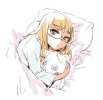  1girl bed blanket blonde_hair eyebrows long_hair long_sleeves lying mune on_side open_mouth pajamas perrine_h_clostermann pillow simple_background solo strike_witches stuffed_animal stuffed_cat stuffed_toy white_background yellow_eyes 