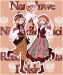  &gt;_&lt; 1boy 1girl :d ^_^ arm_up axis_powers_hetalia bandana blonde_hair blush boots bouquet bow closed_eyes coat_of_arms countryball cross-laced_footwear crossover dannoura dress dual_persona flower genderswap green_eyes hand_on_hip hat hat_flower holding lace-up_boots long_sleeves open_mouth outline pants poland poland_(hetalia) polandball polish polish_clothes short_hair smile striped traditional_clothes vest 