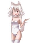  1girl a-ktoo animal_ears bare_shoulders blush breasts choker fox_ears fox_tail original simple_background smile solo tail thigh-highs white_background white_hair 