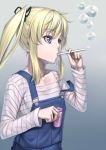  1girl blonde_hair blue_eyes bubble bubble_blowing drinking_straw h_kasei hair_ribbon long_sleeves original overalls ribbon shirt short_hair solo strap_slip striped striped_shirt suspenders twintails 