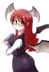  1girl ass bat_wings bespectacled blush book demon_girl glasses head_wings koakuma kousei_(public_planet) long_hair red_eyes redhead simple_background skirt skirt_set solo touhou white_background wings 