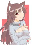  1girl animal_ears blush breast_hold breasts brooch brown_hair cleavage cleavage_cutout dated highres imaizumi_kagerou jewelry kazawa_(tonzura-d) large_breasts long_hair looking_at_viewer nail_polish open-chest_sweater red_eyes sweater touhou wolf_ears 