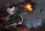  1girl absurdres airplane belt cityscape closed_eyes explosion firing hair_ribbon hairband highres jet konpaku_youmu ribbon short_hair silver_hair skirt slicing sparks sword touhou weapon xiaoxiao 
