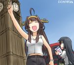  2girls ahoge alternate_costume arm_up armpits asashio_(kantai_collection) black_eyes black_hair brown_hair bus casual double_bun elizabeth_tower hairband hamu_koutarou kantai_collection kongou_(kantai_collection) london motor_vehicle multiple_girls navel pointing pointing_up school_uniform suspenders vehicle watch watch 