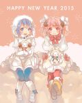  2015 2girls blue_eyes blue_hair bow capelet english fur_trim hair_bow hair_ornament hairclip happy_new_year hood horns kaname_madoka mahou_shoujo_madoka_magica matsuri_(meduse10924) miki_sayaka multiple_girls new_year pantyhose pink_eyes pink_hair sheep sheep_horns short_hair short_twintails sitting twintails 