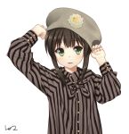  1girl alternate_costume black_hair blush bust casual fubuki_(kantai_collection) green_eyes hat kantai_collection lo_(rogu_ryouiki) long_sleeves looking_at_viewer parted_lips shirt short_hair simple_background solo striped striped_shirt white_background 