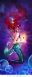  1girl ariel_(disney) blue_eyes disney highres long_hair mermaid monster_girl redhead shell shell_bikini signature smile solo the_little_mermaid tholia underwater 