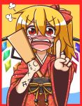  1girl :d alternate_costume blush bow fangs feiton flandre_scarlet hair_bow hair_ribbon hanetsuki holding japanese_clothes kimono laughing long_hair looking_at_viewer open_mouth pointing pointing_at_viewer ribbon side_ponytail smile solo tears touhou translation_request wings 