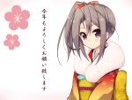  1girl alternate_costume alternate_hairstyle amano_kouki c: floral_background gradient gradient_background grey_eyes highres japanese_clothes kantai_collection kimono looking_at_viewer side_ponytail silver_hair simple_background smile solo translated zuihou_(kantai_collection) 