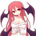  1girl :&gt; bare_shoulders breasts cleavage collarbone demon_wings head_wings koakuma kuresento off_shoulder red_eyes redhead ribbed_sweater solo steepled_fingers sweater touhou white_background wings 