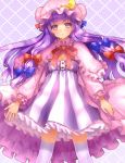  1girl breasts capelet cleavage coat crescent dress hair_ribbon highres kanzaki_maguro long_hair long_sleeves looking_at_viewer mob_cap open_clothes open_coat over-kneehighs patchouli_knowledge purple_hair ribbon solo striped striped_dress thigh-highs touhou tress_ribbon very_long_hair violet_eyes white_legwear zettai_ryouiki 