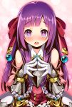  1girl arianna_(sekaiju) armor bare_shoulders blush bonnou-s-rice fingers_together gloves hair_ribbon long_hair looking_at_viewer open_mouth purple_hair ribbon sekaiju_no_meikyuu shin_sekaiju_no_meikyuu_2 solo violet_eyes white_gloves 