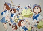  bag blue_skirt bob_cut brown_eyes brown_hair eating fat hat kill_la_kill mankanshoku_mako official_art propeller_hat school_uniform serafuku short_hair skirt sleeping sushio 