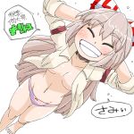  1girl aono3 arms_behind_head bare_legs barefoot blush bow breasts closed_eyes collared_shirt fujiwara_no_mokou grey_hair grin hair_bow long_hair midriff navel no_pants open_clothes open_shirt panties reitaisai sleeves_rolled_up smile solo speech_bubble touhou underwear white_background 