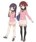  2girls :o black_hair black_legwear blush bow brown_eyes brown_hair hair_bow hair_ornament loafers long_hair looking_at_viewer multiple_girls original plaid plaid_skirt pleated_skirt school_uniform shirabi_(life-is-free) shoes short_twintails simple_background skirt thigh-highs twintails violet_eyes white_background white_legwear zettai_ryouiki 