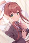  1girl blazer book bow brown_hair brown_jacket collared_shirt doki_doki_literature_club eyebrows_visible_through_hair green_eyes hair_behind_ear hair_bow highres holding holding_book jacket long_hair monika_(doki_doki_literature_club) ponytail portrait school_uniform shigure_ui shirt smile solo white_bow white_shirt 