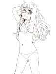  1girl arms_behind_head arms_up bikini blush collarbone cowboy_shot eyebrows lineart long_hair midriff mound_of_venus mune navel perrine_h_clostermann simple_background solo strike_witches swimsuit white_background 