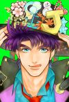  1boy anchor blue_eyes flower hat hat_flower high_collar jojo_no_kimyou_na_bouken joseph_joestar_(young) necktie purple_hair snowman solo tyuriko 