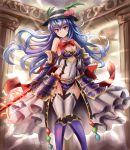  1girl alternate_costume bare_shoulders blue_hair bow breasts cleavage covered_navel food fruit garter_straps gauntlets hat hinanawi_tenshi long_hair looking_at_viewer peach red_eyes solo sumapan sword_of_hisou thigh-highs touhou 