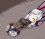  1girl amputee animal_ears blush closed_eyes kanif long_hair lying on_back quadruple_amputee rabbit_ears silver_hair small_breasts solo 