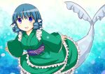  1girl :d blue_eyes blue_hair blush drill_hair fins frilled_kimono head_fins japanese_clothes kimono looking_at_viewer mermaid monster_girl obi open_mouth puchimirin sash smile solo tail_fin touhou wakasagihime 