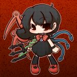  1girl :d ahoge black_hair black_legwear brown_hair grin holding houjuu_nue inunoko. looking_at_viewer mary_janes open_mouth polearm shoes short_hair smile solo thigh-highs touhou trident weapon zettai_ryouiki 