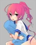  1girl hinase_kei i-168_(kantai_collection) kantai_collection long_hair pillow pillow_hug ponytail red_eyes redhead school_swimsuit solo swimsuit uniform 
