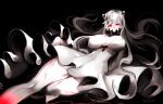  1girl 4th black_background breasts cleavage dress glowing glowing_eyes horns kantai_collection large_breasts long_hair lying midway_hime red_eyes shinkaisei-kan twitter_username veins white_dress white_hair white_skin 