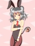  1girl a-ktoo animal_ears bare_shoulders blush bunnysuit covered_navel detached_collar grey_hair highres holding_arm mouse mouse_ears mouse_tail nazrin pantyhose red_eyes short_hair solo tail touhou 