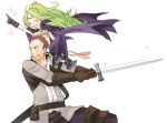  1boy 1girl brown_hair cape closed_eyes fire_emblem fire_emblem:_kakusei gloves green_hair grego hozumi_riya long_hair nowi_(fire_emblem) pointing short_hair sitting_on_shoulder smile sword weapon 