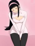  1girl artist_request black_hair blush breasts cleavage_cutout closed_eyes guila hairband highres long_hair nanatsu_no_taizai open-chest_sweater pantyhose sweater 