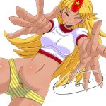 1girl aono3 blonde_hair bow bow_panties closed_eyes dutch_angle hoshiguma_yuugi long_hair navel no_pants outstretched_arms panties simple_background smile solo speech_bubble striped striped_panties tan touhou translated underwear white_background yellow_panties 