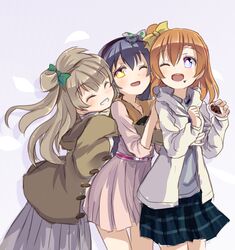  3girls ;d ^_^ blue_eyes blue_hair blue_skirt brown_hair closed_eyes eating food food_on_face girl_sandwich kousaka_honoka long_hair love_live!_school_idol_project minami_kotori multiple_girls one_eye_closed open_mouth plaid plaid_skirt sandwiched shikei_(jigglypuff) short_hair side_ponytail skirt smile sonoda_umi yellow_eyes 