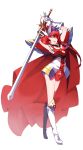  1girl absurdres armor armored_dress armpits arms_up boots braid cape female full_body gem gloves headpiece highres holding holding_sword holding_weapon kanola_u knee_boots long_hair magic_knight_rayearth open_mouth pauldrons pose red_cape red_eyes red_hair redhead shidou_hikaru simple_background single_braid skirt solo standing sword weapon white_background white_boots white_footwear white_gloves 