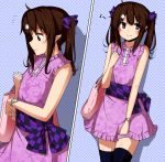  1girl adapted_costume bag blush brown_hair contemporary cowboy_shot dress flower hair_flower hair_ornament handbag himekaidou_hatate long_hair mid_win_h multiple_views musical_note pointy_ears polka_dot polka_dot_background profile smile solo spoken_musical_note sweatdrop thigh-highs touhou twintails violet_eyes watch watch 
