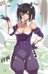  1girl animal_ears bare_shoulders black_hair breasts cat_ears cleavage final_fantasy final_fantasy_xiv gloves hand_on_hip houtengeki miqo&#039;te short_hair smile solo twintails yellow_eyes 