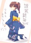  1girl 2015 alternate_costume brown_eyes brown_hair flower from_behind hair_flower hair_ornament highres japanese_clothes kaga_(kantai_collection) kantai_collection kimono kneeling looking_at_viewer looking_back obi ocha_(ochappie) sash side_ponytail solo tabi 