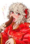  1girl alternate_costume blonde_hair blush bow bust chocolate_banana flandre_scarlet floral_print hair_bow happy_new_year highres imizu_(nitro_unknown) japanese_clothes kimono licking naughty_face new_year open_mouth phallic_symbol red_eyes saliva sexually_suggestive side_ponytail simple_background slit_pupils solo tongue tongue_out touhou translated white_background 
