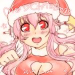  1girl blush breasts cleavage cleavage_cutout hat headphones ichi/mine large_breasts long_hair looking_at_viewer nitroplus open_mouth pink_hair red_eyes santa_hat smile solo super_sonico 